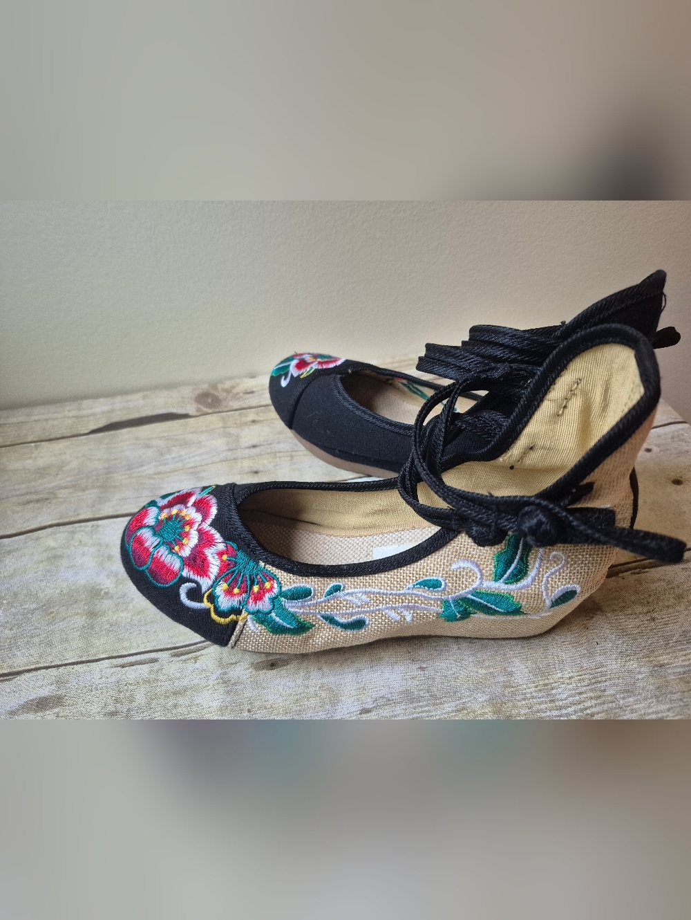 Black Embroidered Floral Ankle-Tie Wedges - Picture 10 of 14